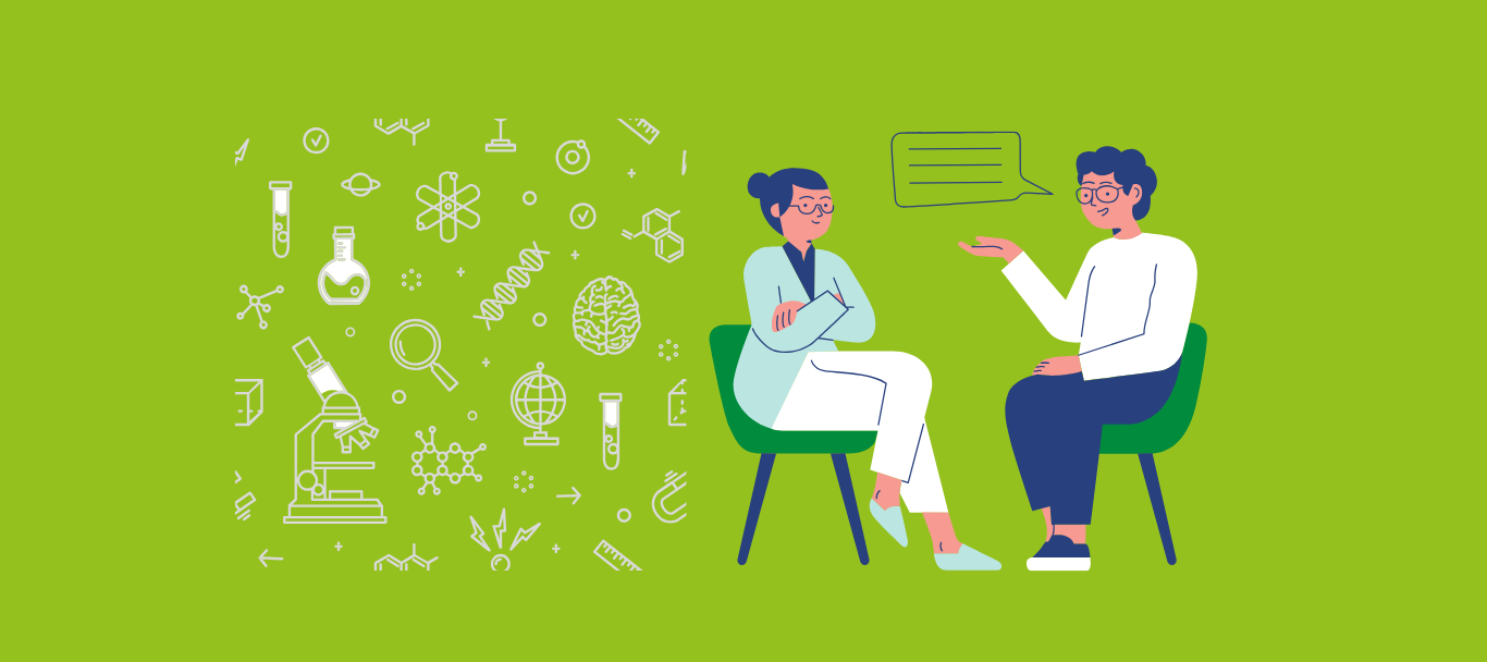 Image featuring a dialogue between a scientist and a patient